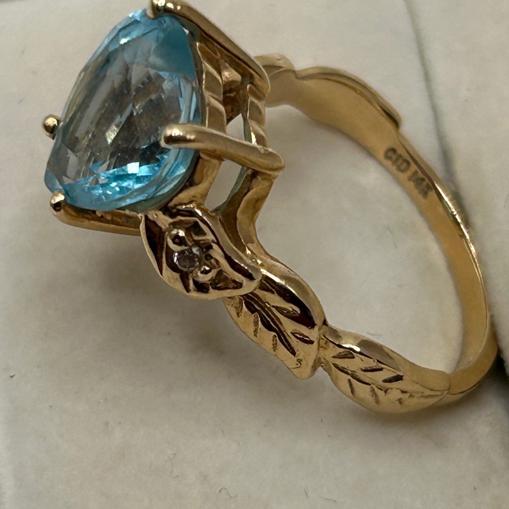 14k Solid Gold Ring Blue Heart 10mm Topaz and Diamond Gemstone - Picture 7 of 13